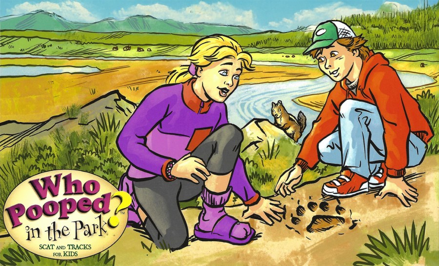 Illustration of two children looking at a grizzly bear track.